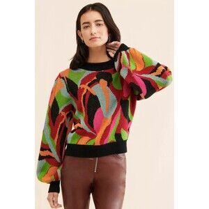 Farm Rio Small Sweater The Dance Multicolor Knit Balloon Sleeve Pullover Womens